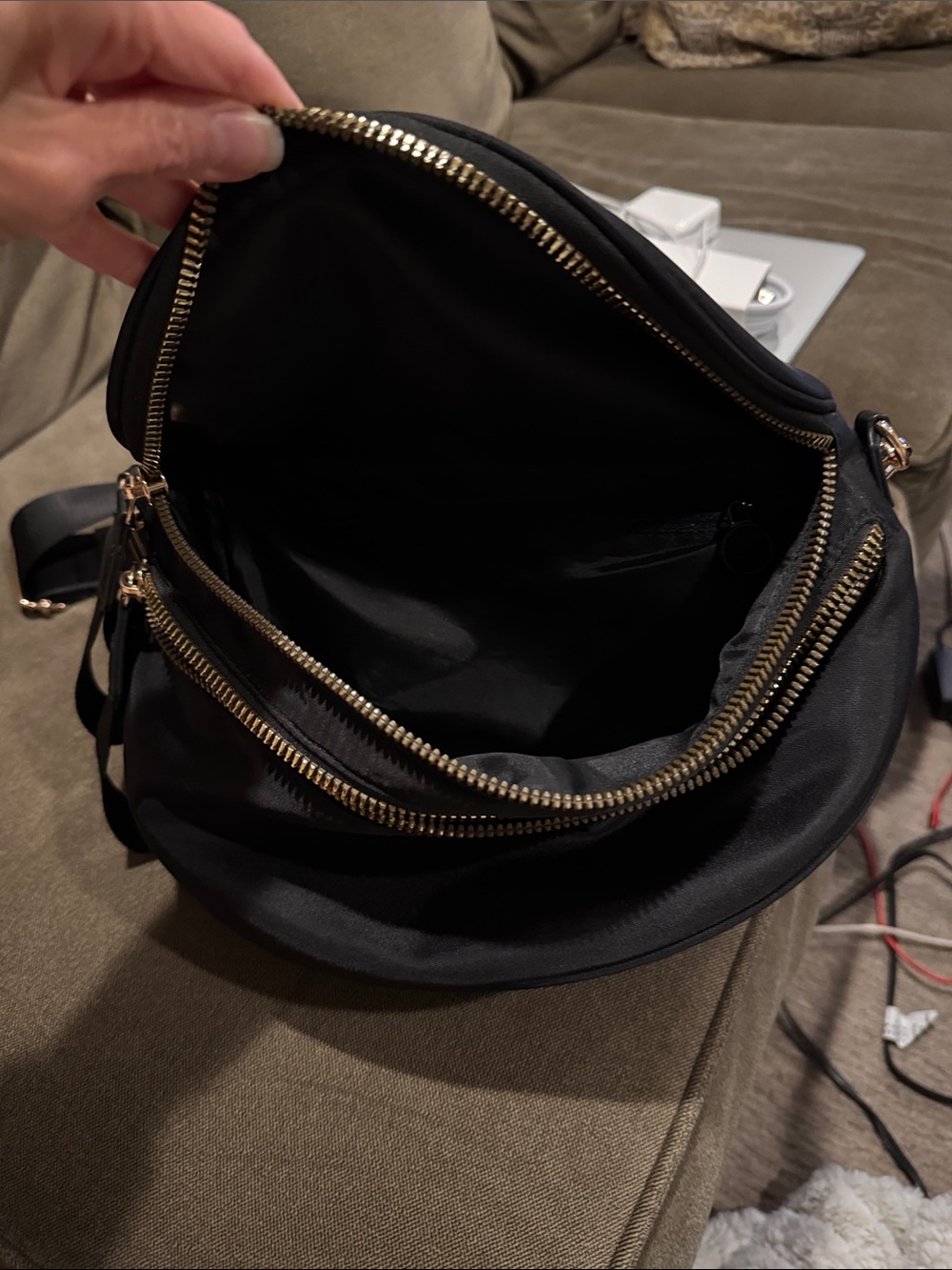 Women's Black Crossbody Belt Bag with Gold Zippers - Picture 2 of 4